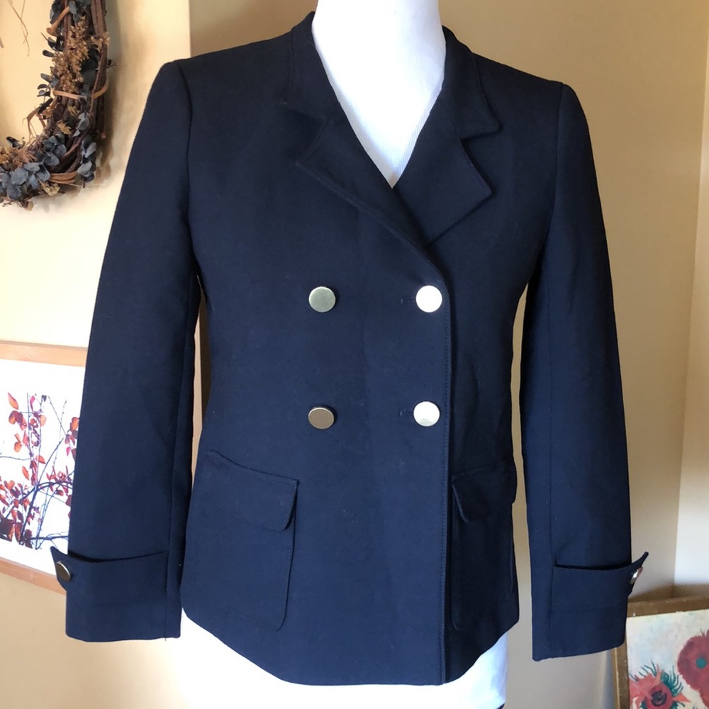 ANN TAYLOR Size 2P Navy Blazer Brushed Gold Stretchy Blazers $198 NEW